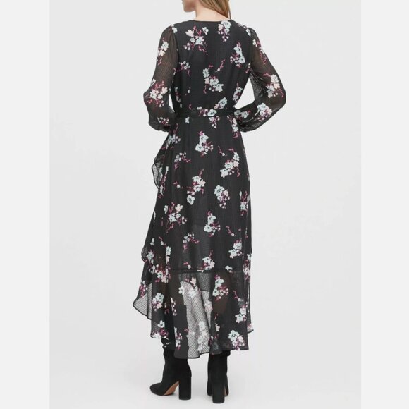 Banana Republic | Black Faux Wrap Floral Ruffle Maxi Dress Size 00 Petite - Picture 2 of 9